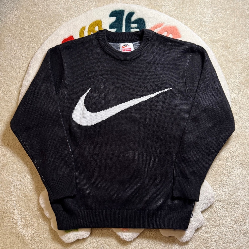 Supreme Nike Swoosh SS19 Knit Crewneck Big Logo Sweater Black XL